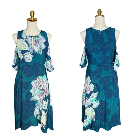 ANTHROPOLOGIE MAEVE | Elia Floral Open - Shoulder Dark Turquoise Dress Size 8 - Picture 8 of 13
